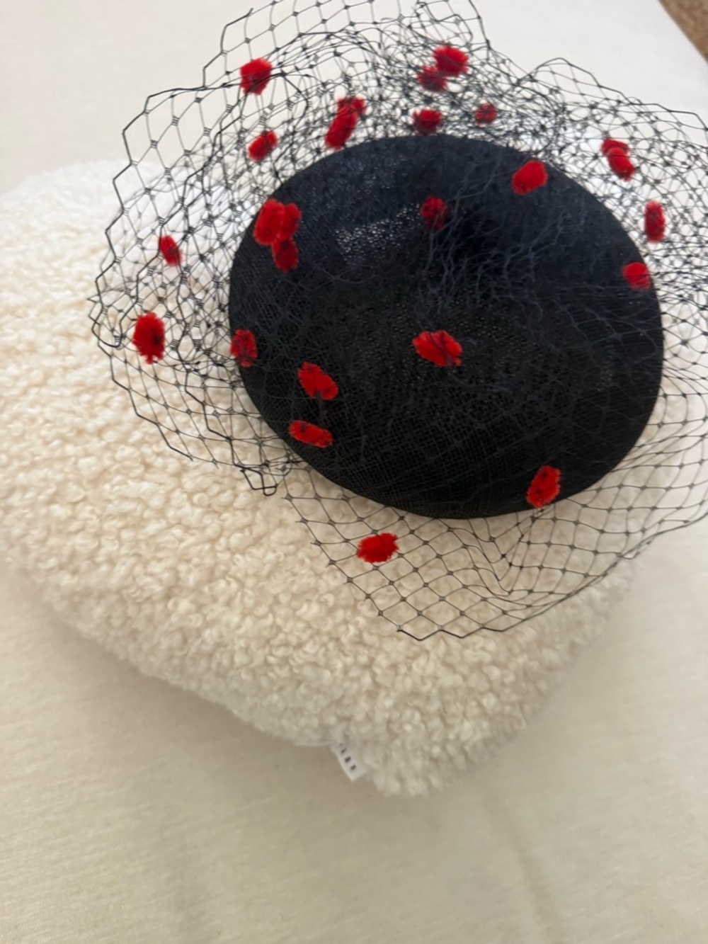 Rubina Black Veil Cocktail Fascinator with Red Pom Accents